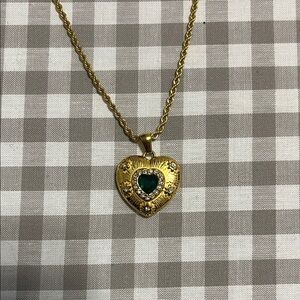 Gold Heart Pendant Necklace with Green Gemstone